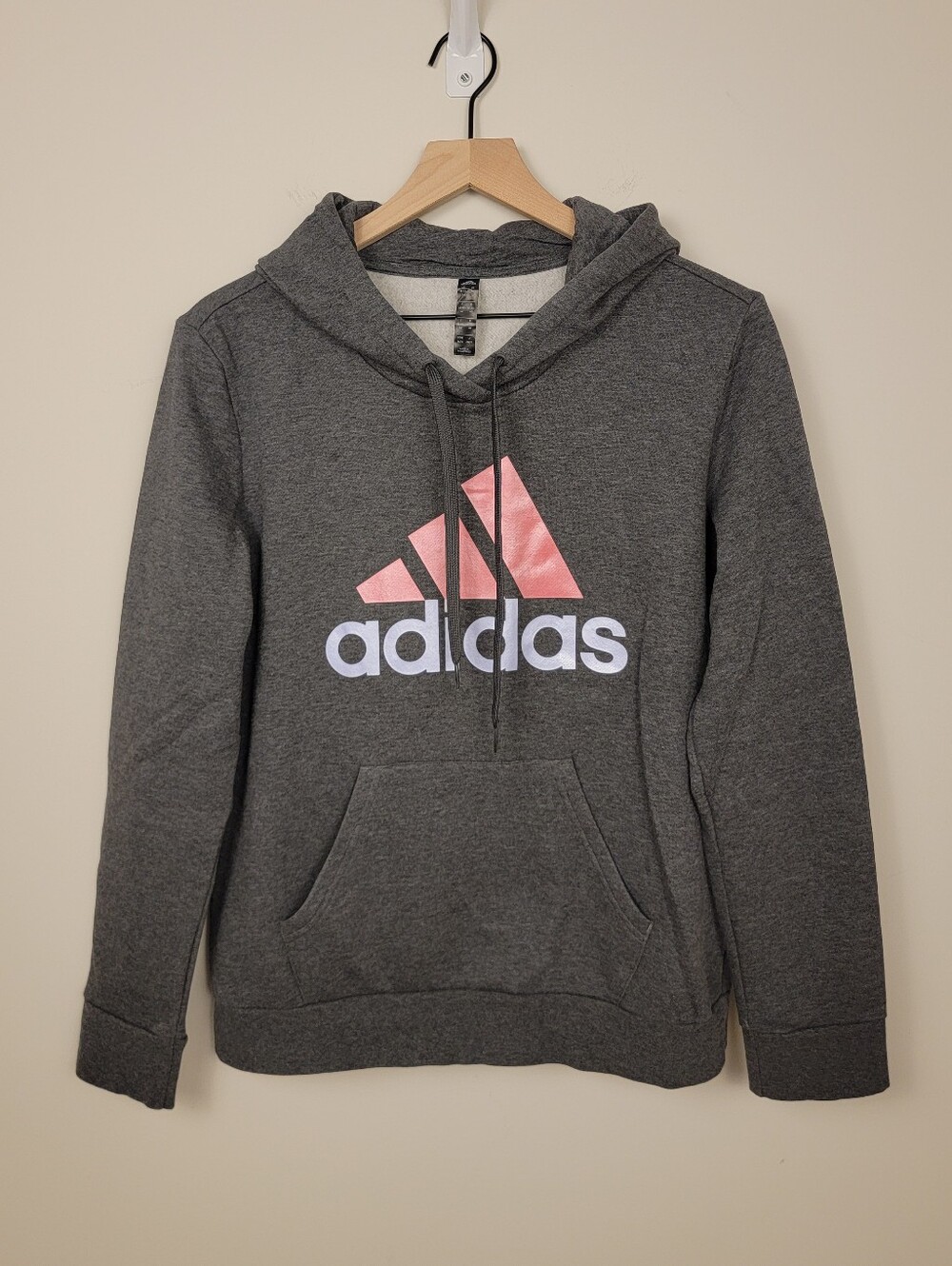 Adidas Womens Charcoal Heather Gray Pink Big Logo Hoodie Sweatshirt Medium